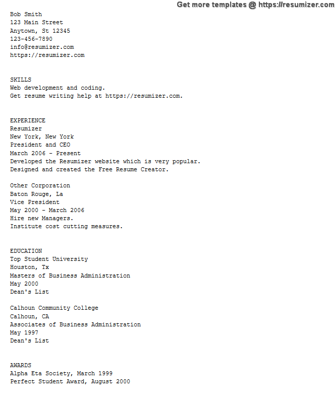 ASCII text resume example
