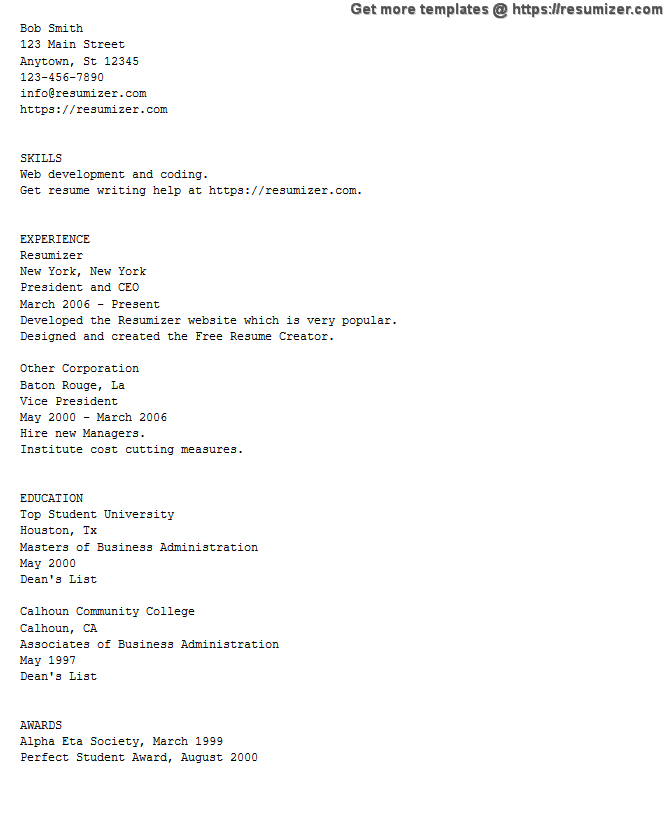 ASCII Text Example Resume Free Resume Creator